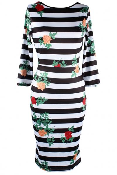 Oasap Fashion Striped Floral Print Backless Bodycon Midi Dress