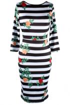 Oasap Fashion Striped Floral Print Backless Bodycon Midi Dress
