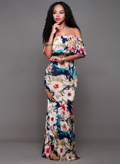 Oasap Off Shoulder Short Sleeve Ruffle Bodycon Maxi Evening Dress
