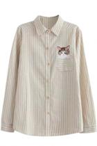 Oasap Cat Embroidery Stripe Stand Collar Button Down Shirt
