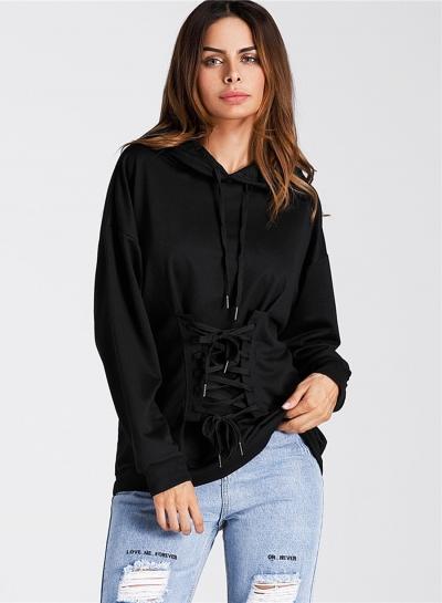 Oasap Solid Color Loose Fit Lace Up Hooded Sweatshirt