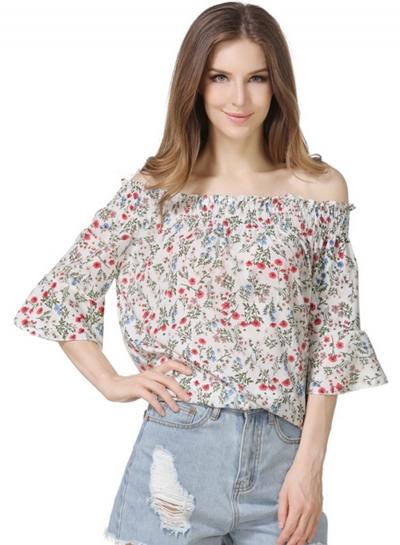 Oasap Off Shoulder Floral Print Flare Sleeve Blouse