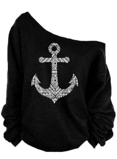 Oasap Anchor Pattern Off The Shoulder Hoodie Sweatshirt
