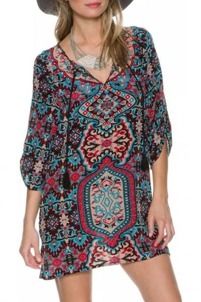 Oasap Baroque Print Lace-up Front Loose Fit Chiffon Dress