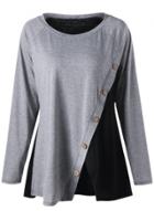 Oasap Round Neck Long Sleeve Buttons Decoration Color Block Tee Shirt