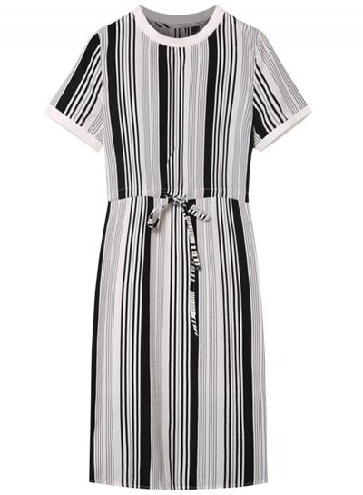 Oasap Women's Fashion Drawstring Waist Back Slit Striped Dress