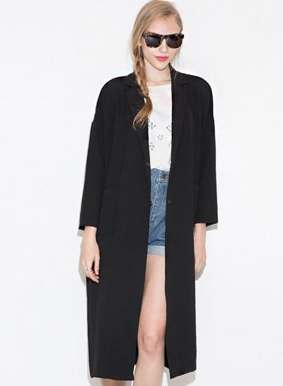 Oasap Solid Notch Lapel Loose Longline Trench Coat