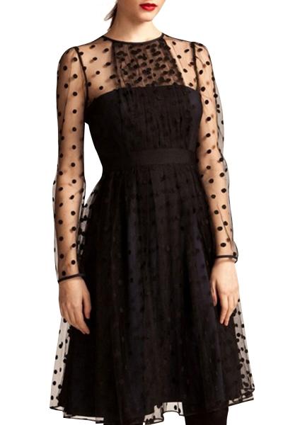 Oasap Women's Polka Dot Mesh Panel Long Sleeve High Waist Pleated Dress