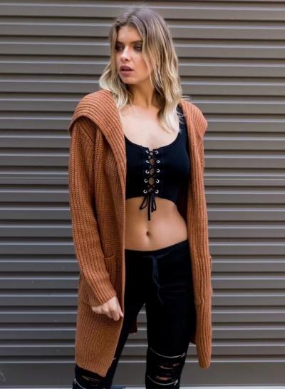 Oasap Long Sleeve Back Lace-up Open Front Hooded Cardigan