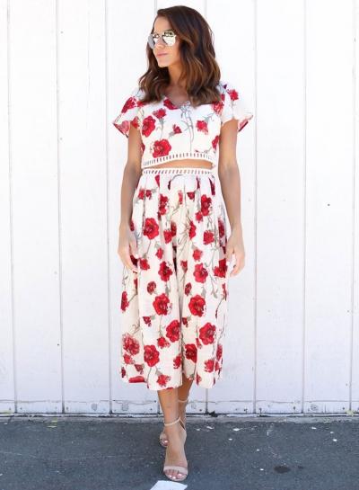 Oasap V Neck Short Sleeve Floral Print Blouse Skirt Set