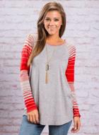 Oasap Striped Sleeve Round Neck Knit Tee Shirt