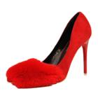 Oasap Solid Color Fur Pointed Toe High Heels Pumps