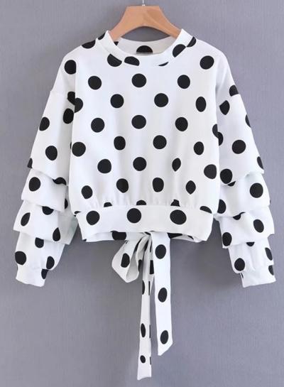Oasap Round Neck Long Sleeve Polka Dots Back Lace Up Sweatshirt