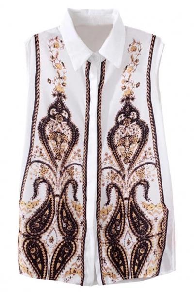 Oasap Vintage Paisley Print Button Down Sleeveless Top