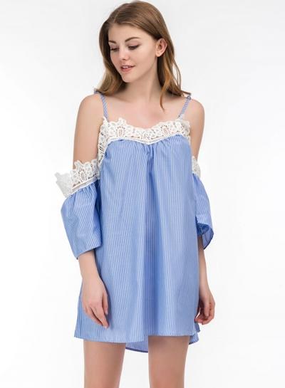 Oasap Striped Off Shoulder Short Sleeve Lace Spaghetti Strap Dress