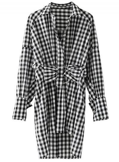 Oasap Turn Down Collar Long Sleeve Plaid Dress With Belt