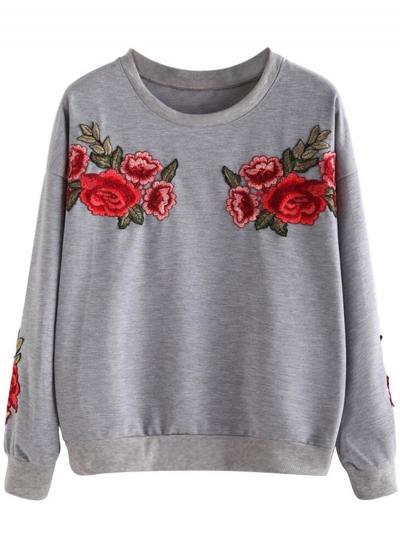 Oasap Fashion Long Sleeve Rose Embroidery Pullover Loose Sweatshirt