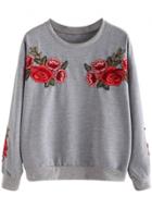 Oasap Fashion Long Sleeve Rose Embroidery Pullover Loose Sweatshirt