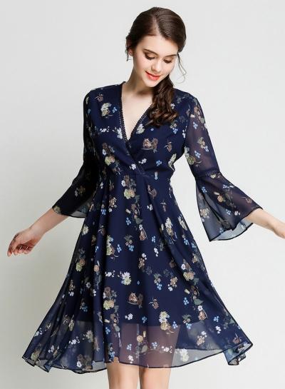 Oasap V Neck 3/4 Sleeve Floral A-line Dress