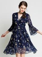 Oasap V Neck 3/4 Sleeve Floral A-line Dress