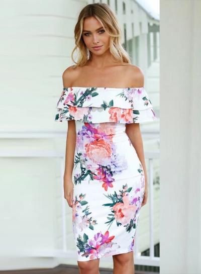 Oasap Slash Neck Floral Printed Ruffle Dress