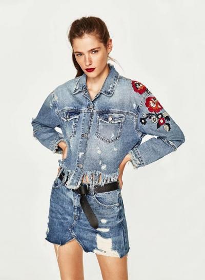 Oasap Floral Embroidery Short Denim Jacket With Tassel