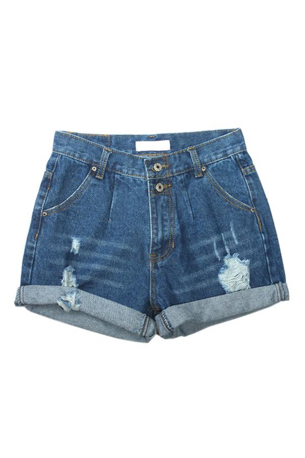 Oasap Turned Edge Worn Out Denim Shorts