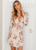 Oasap Deep V Neck Long Sleeve Floral Printed Mini Dress