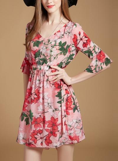 Oasap V Neck Flare Sleeve Silk Dress