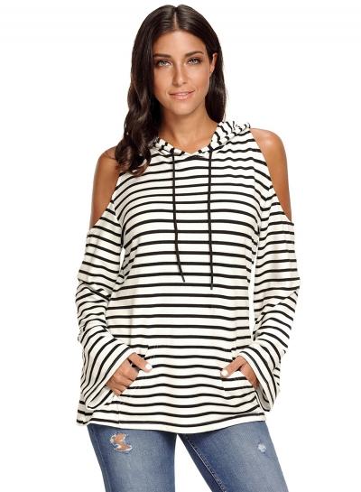Oasap Black White Striped Cold Shoulder Long Sleeve Blouse