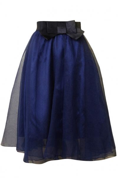 Oasap Sweet Contrast Bow Waist Lining Tulle Midi Skirt