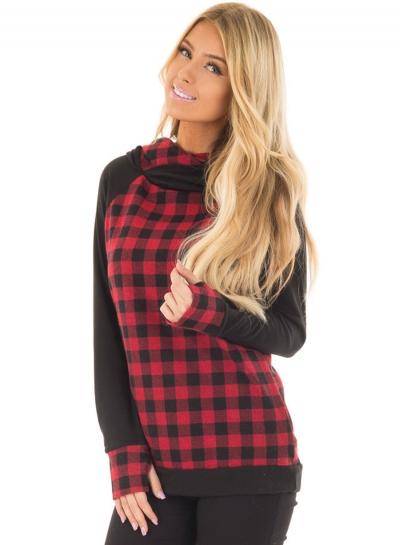 Oasap Long Sleeve Color Block Plaid Pullover Hoodie