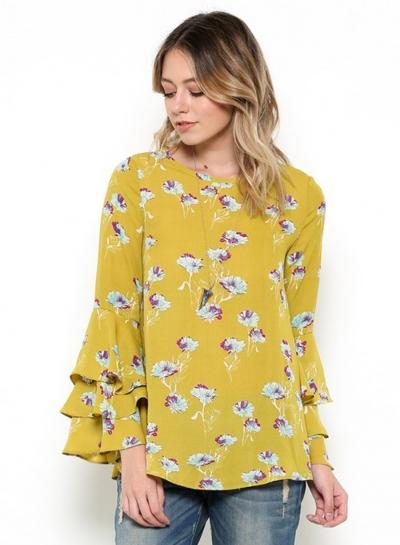 Oasap Round Neck Floral Print Flounce Sleeve Blouse