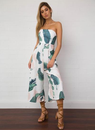 Oasap Strapless Palm Leaf Printed Wide Leg Jumpsuit