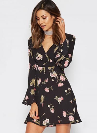 Oasap Cute Flare Sleeve Floral Print Dress