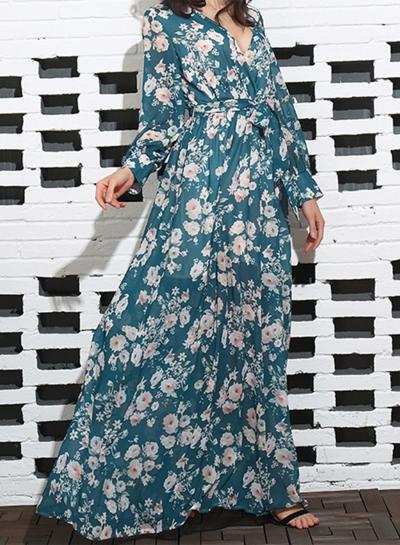 Oasap V Neck Long Sleeve Floral High Waist Maxi Dress