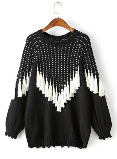 Oasap Round Neck Color Block Fringe Pullover Sweater