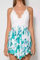 Oasap Blue Floral Print Lace Top Beach Rompers