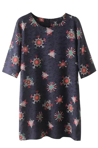 Oasap Snowflake Print Loose Fit Zip Back Shift Dress