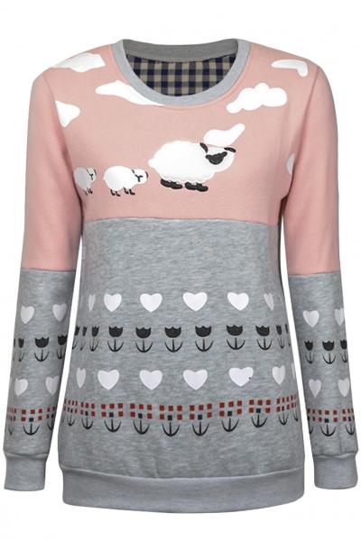 Oasap Sweet Cartoon Pattern Round Neck Long Sleeve Sweatshirt
