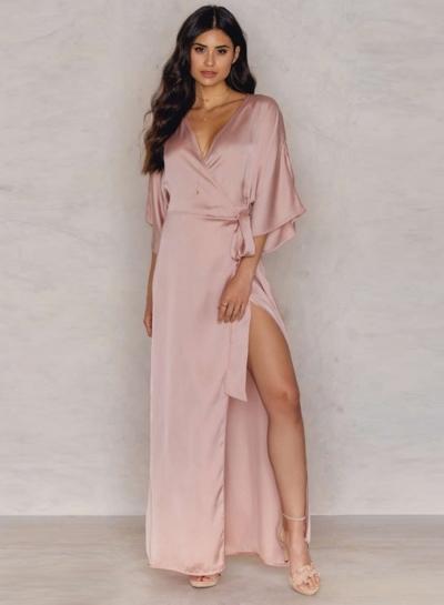 Oasap Slit Solid Color Maxi Dress With Belt