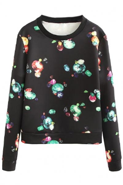 Oasap Sparkly Gemstone Pattern Black Sweatshirt