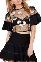 Oasap Sheer Embroidery Paneled Crop Top
