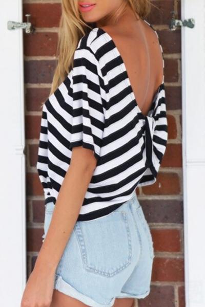 Oasap Chic Stripe Print Backless Tee