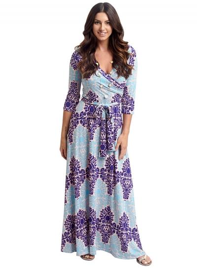 Oasap V Neck 3/4 Sleeve Pattern Sleeve Maxi Dress