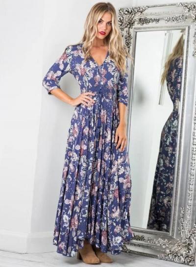 Oasap Fashion V Neck 3/4 Sleeve High Slit Floral Maxi Dress
