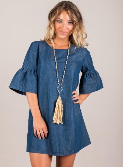 Oasap Round Neck Flare Sleeve Denim Mini Dress