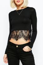 Oasap Black Lace-hem Round Neck Crop Top