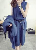 Oasap Fashion Sleeveless Dress Cardigan 2 Piece Set