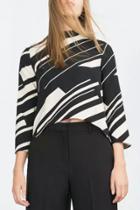 Oasap Casual Mock Neck Black & White High Low Blouse